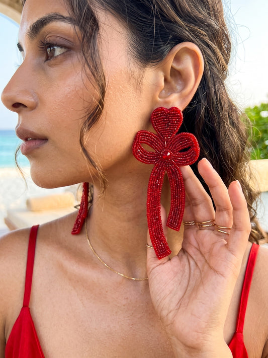 Glam Bow (Deep Red) Handmade Beaded Earrings