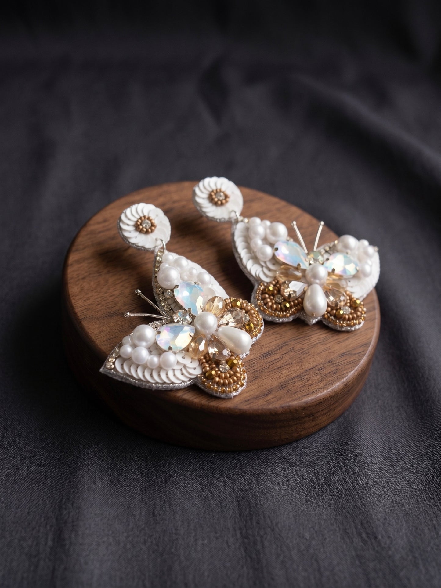 Luxe Crystal White Handmade Beaded Butterfly Earrings