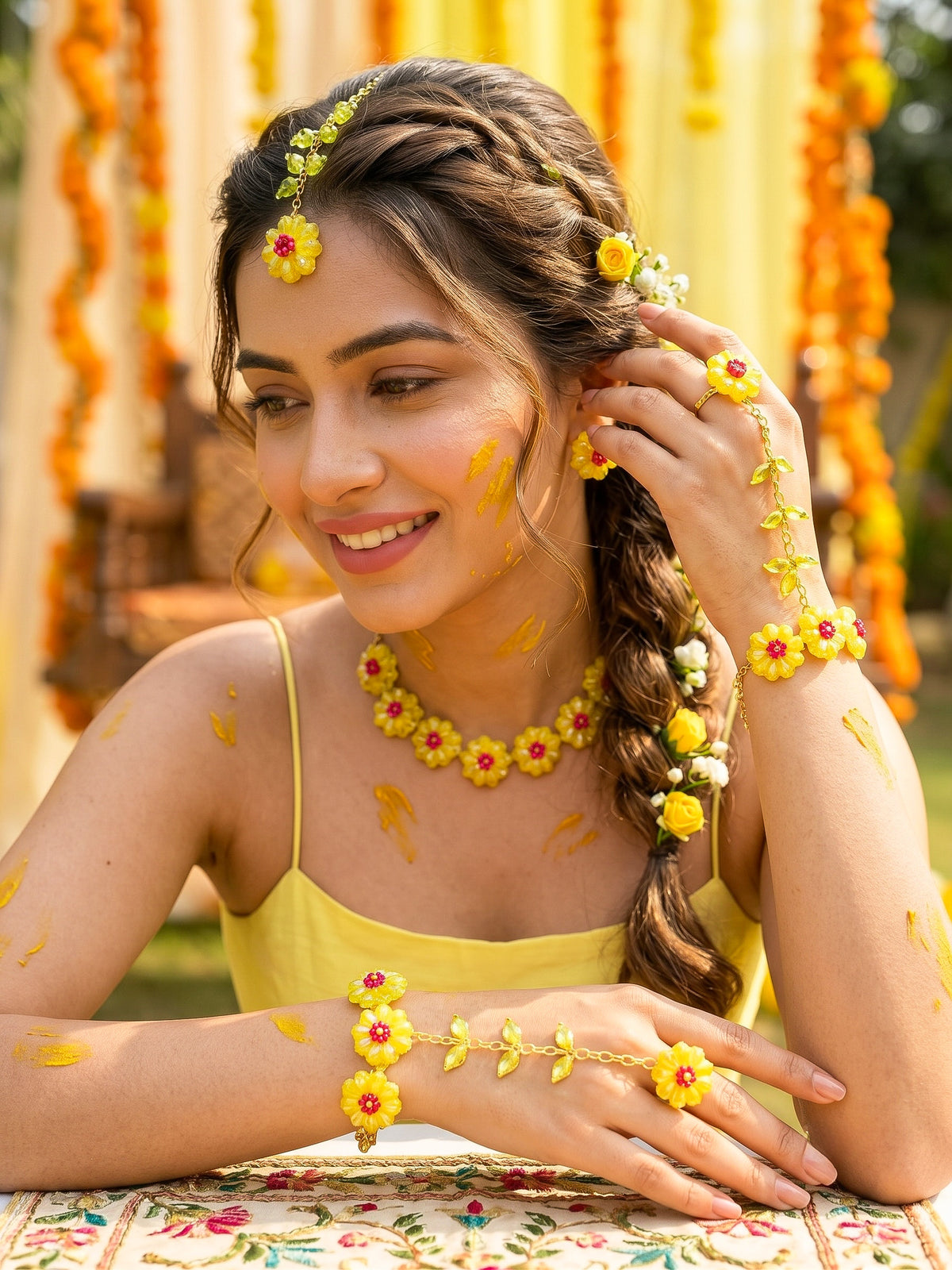 Sparkling Yellow Pink Daisy Flower Handmade Beaded Haldi Jewellery Set (Necklace + Earrings + Hathphools + Maangtika)
