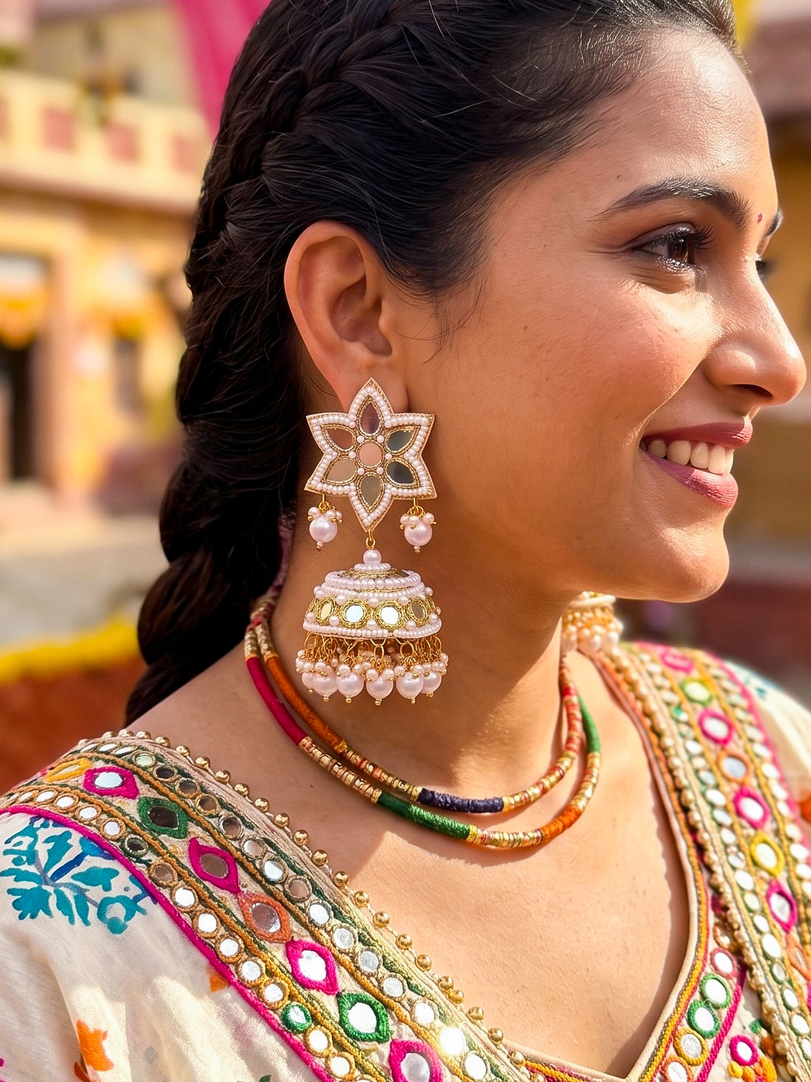 Noor Mirror Handmade Beaded Jhumka Earrings