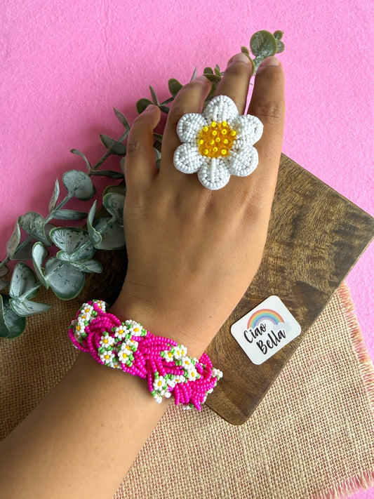 Luxe Flora Rose Pink Handmade Beaded Bracelet + Ring Combo