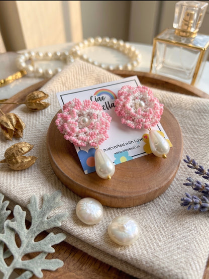 Crochet White Blush Pink 3D Rose Pearl Drops Flower Handmade Beaded Earrings