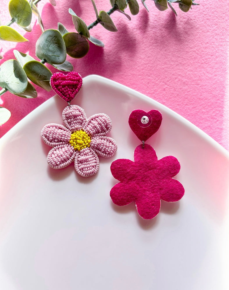 Blush Pink Daisy Love Handmade Beaded Flower Earrings