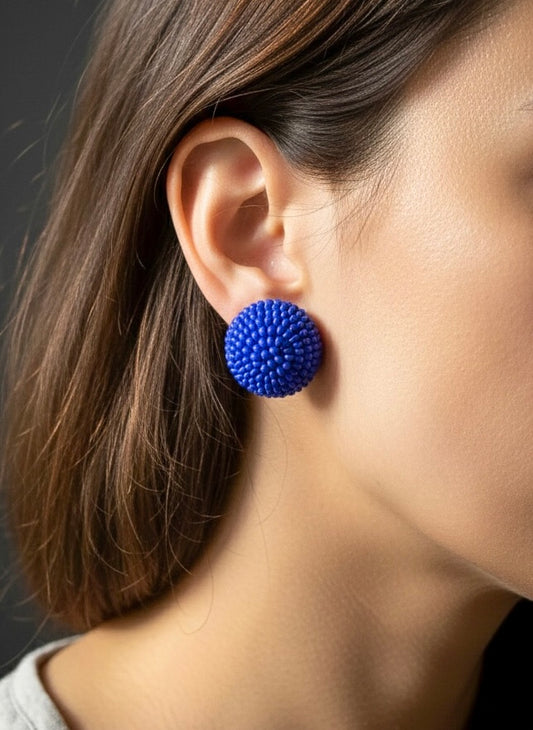 Lapiz Blue Round Handmade Beaded Stud Earrings