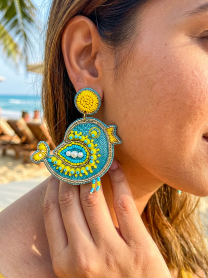 Chirpy Birdie Light Blue Yellow Handmade Beaded Earrings