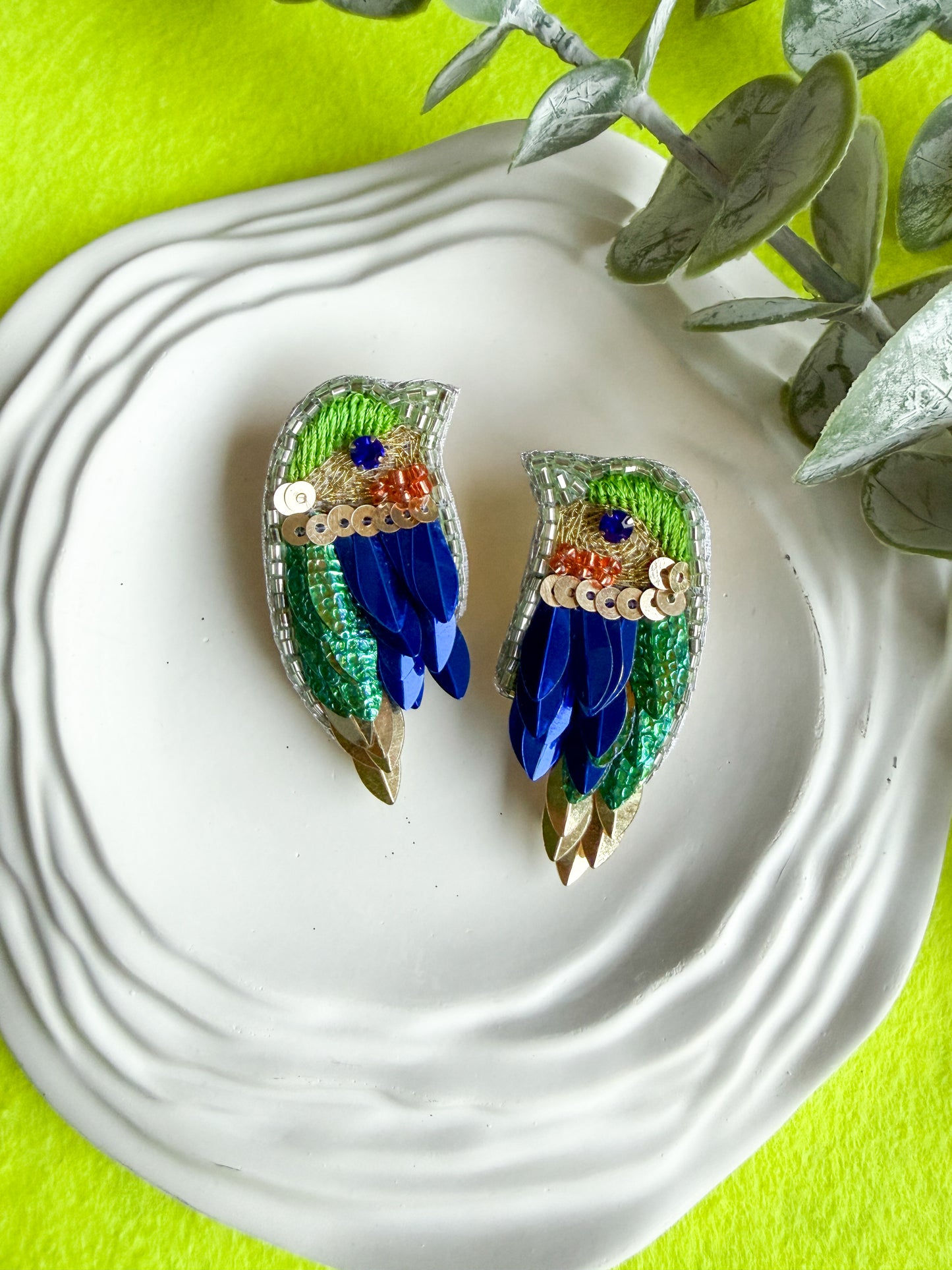 Chirpy Forest Green Blue Parrot Handmade Beaded Bird Earrings