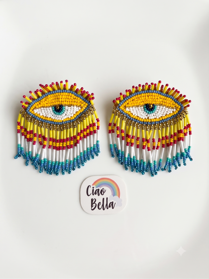 Golden Gaze Yellow Pink Evil Eye Handmade Beaded Tassel Earrings