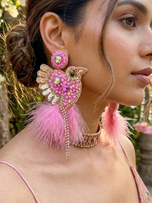 Glamorous Pink Birdies Handmade Beaded Bird Earrings