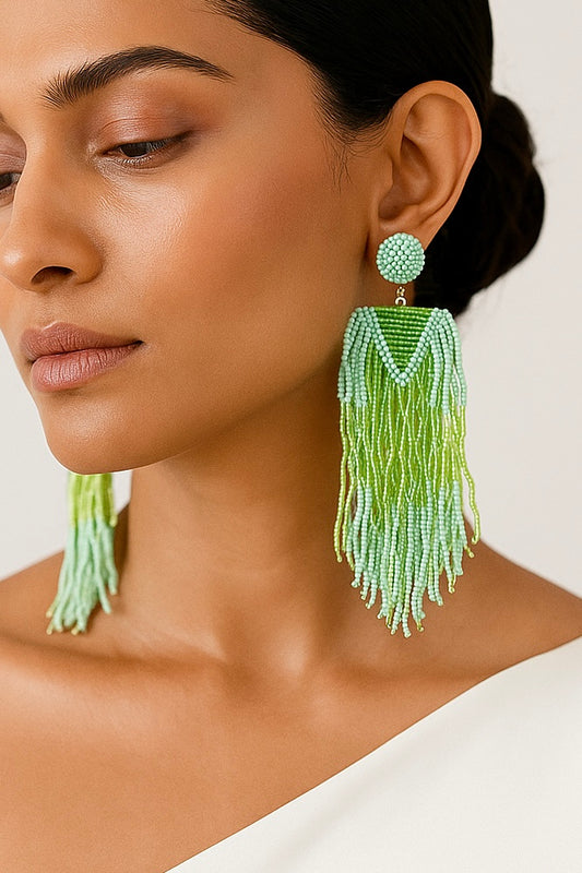 Luxe Minty Green Handmade Beaded Tassel Earrings