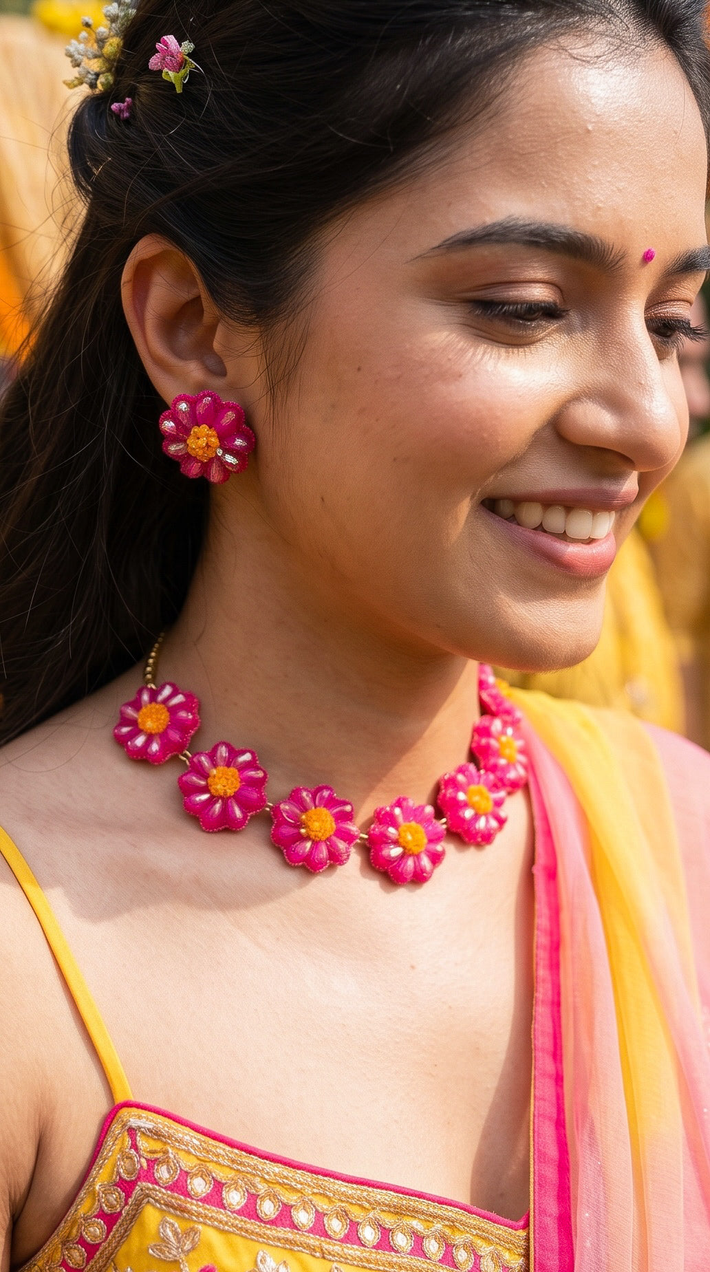 Sparkling Hot Pink Daisy Flower Handmade Beaded Necklace + Earrings Set