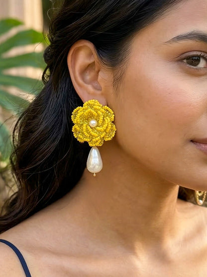 Crochet Yellow 3D Rose Pearl Drops Flower Handmade Beaded Earrings