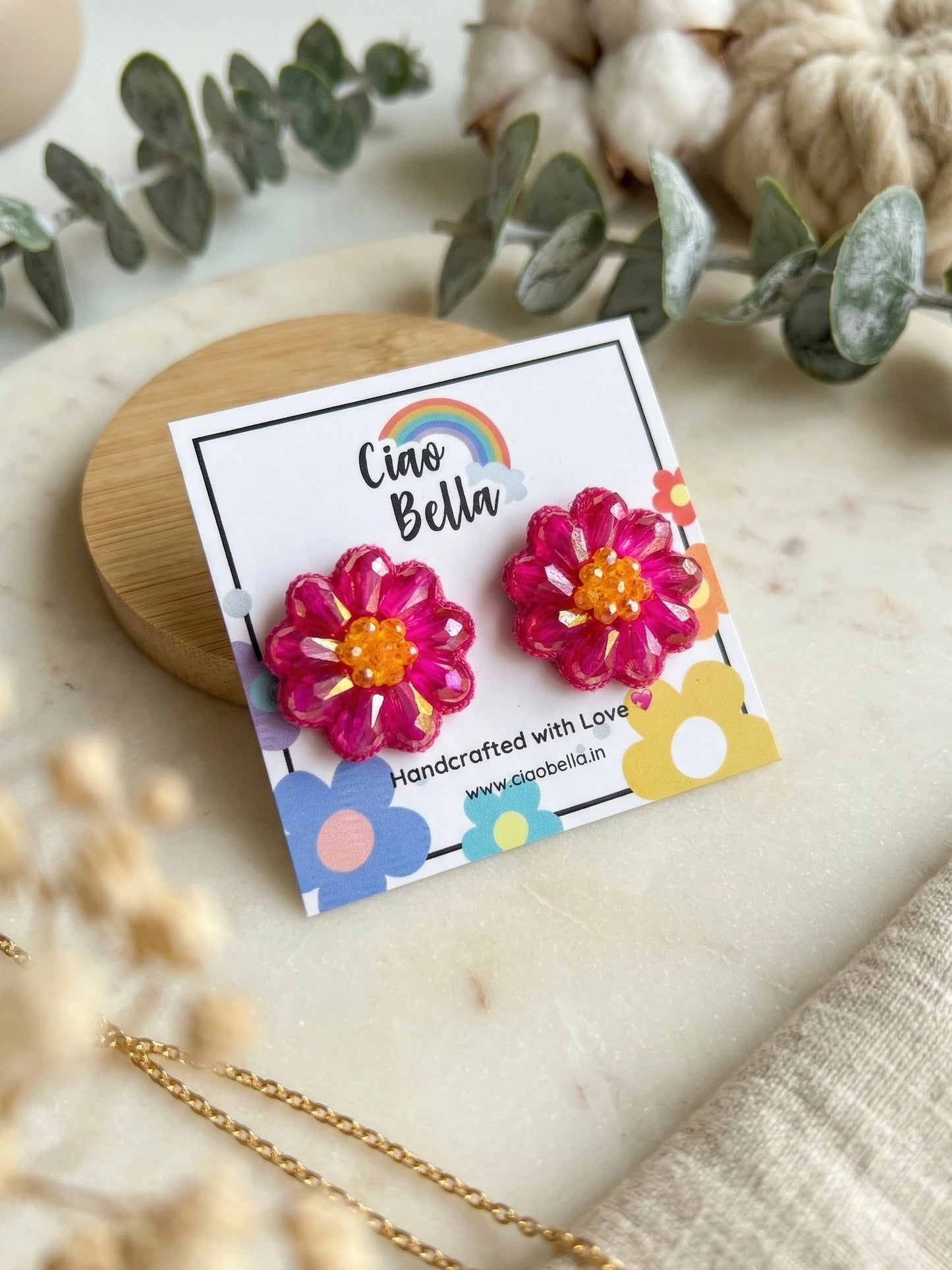 Sparkling Hot Pink Flower Handmade Beaded Stud Earrings
