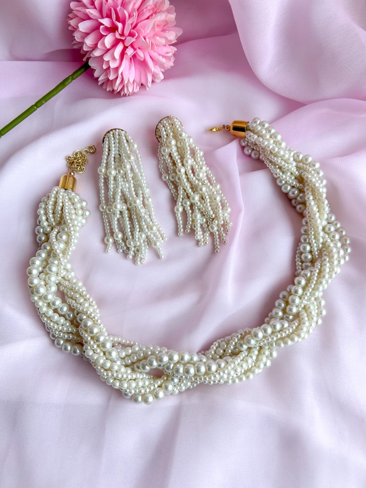 Noor Twisted Pearl Fall Handmade Necklace + Earrings Set