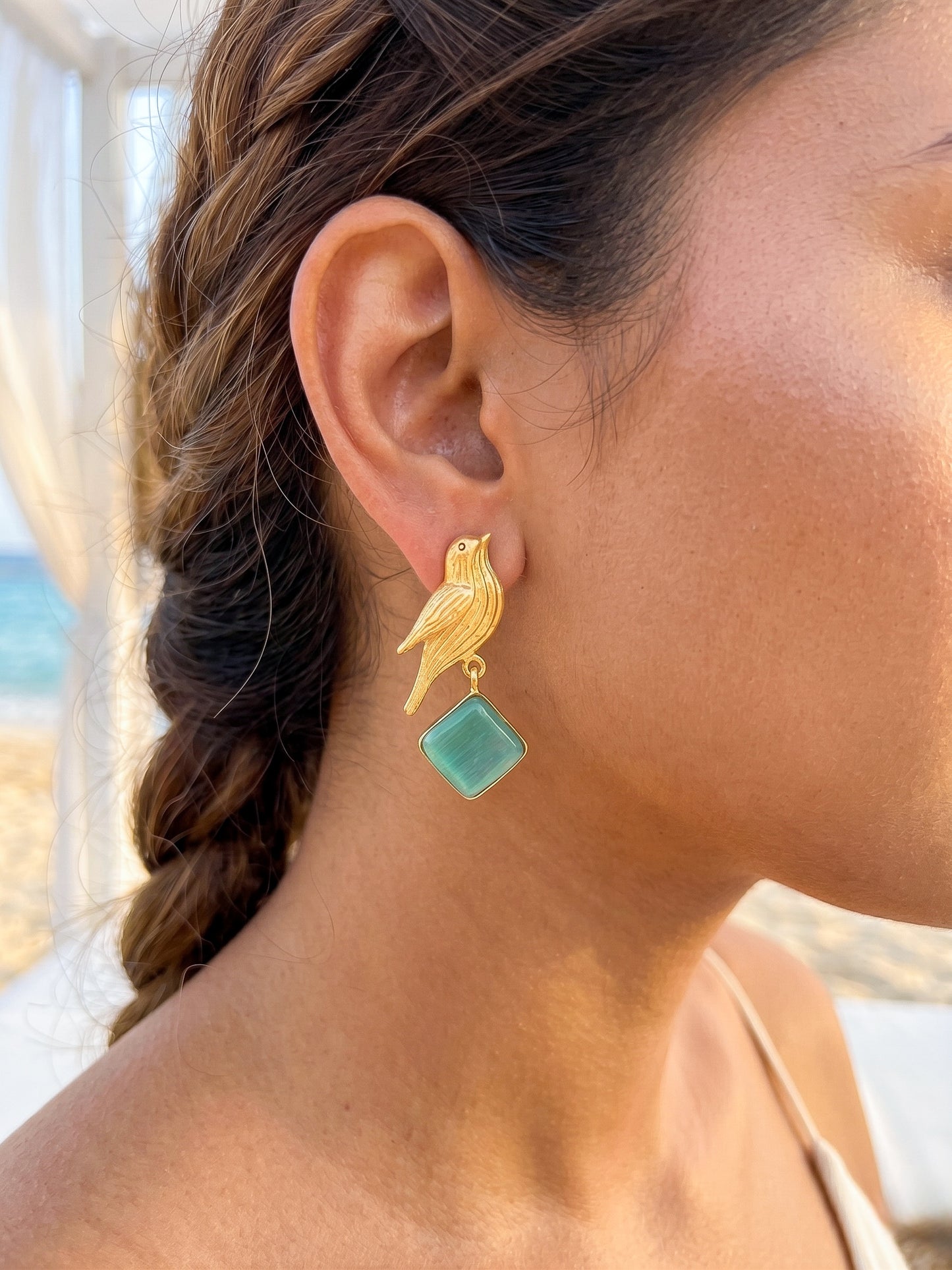 Hello Birdie Handmade Brass Earrings - Teal Diamond