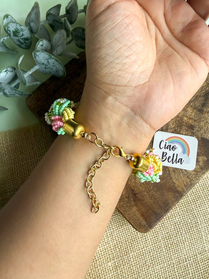 Luxe Flora Green Pink Yellow Handmade Beaded Bracelet
