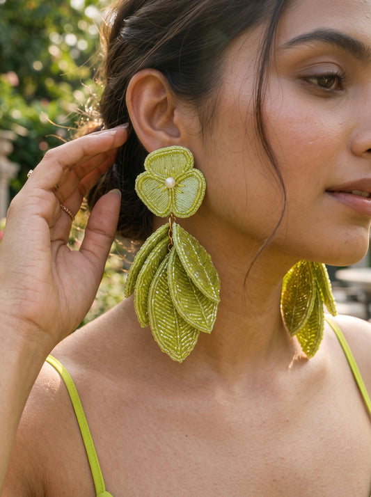 Luxe Leafy Affair Lime Green Handmade Beaded Earrings