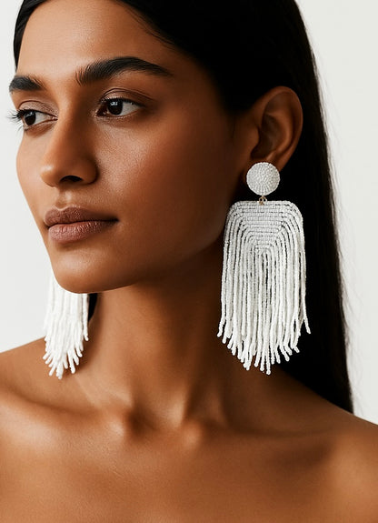 Luxe Snow White Handmade Beaded Tassel Earrings