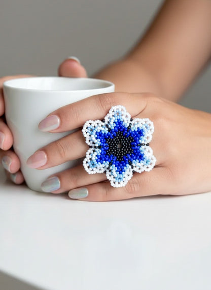 Blossoming Blue Flower Handmade Beaded Ring