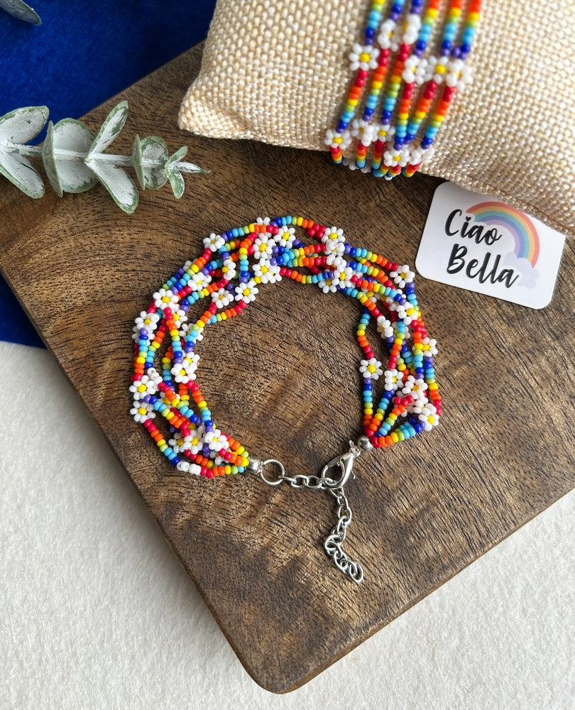 Spring Bloom Rainbow Daisy Handmade Beaded Bracelet