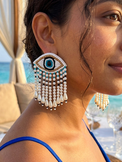 Mystic Evil Eye White Tassel Handmade Beaded Earrings