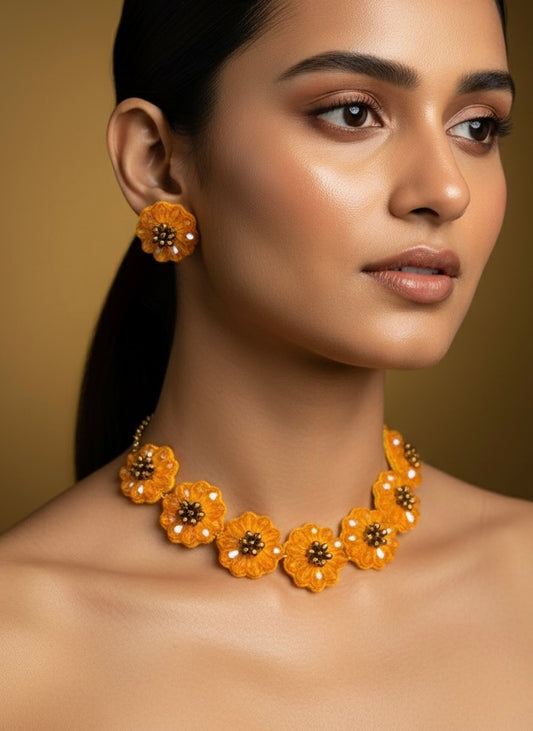 Sparkling Sunflower Handmade Beaded Necklace + Earrings Set