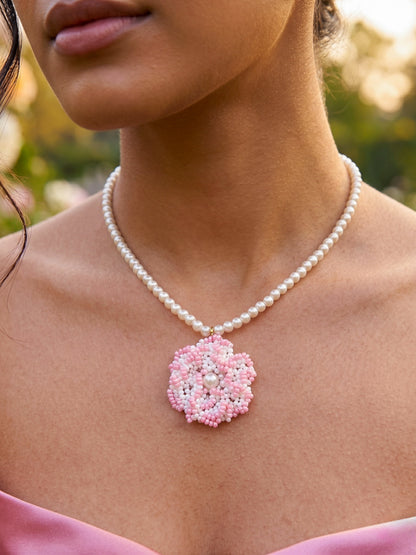 Crochet White Blush Pink 3D Rose Flower Handmade Beaded Necklace