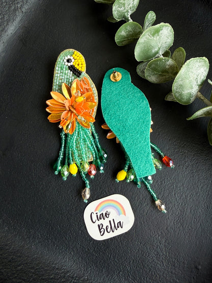 Luxe Paradise Teal Mint Lagoon Orange Parrot Handmade Beaded Bird Earrings