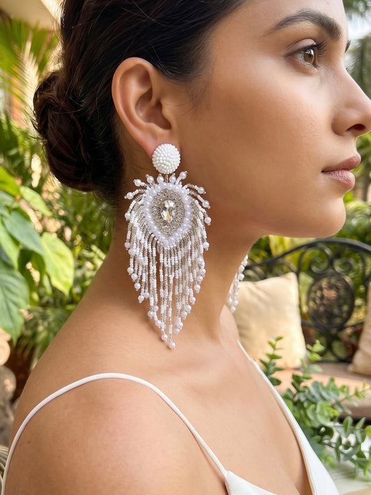 Noorani Peacock Handmade Beaded Bird Feather Tassel Earrings