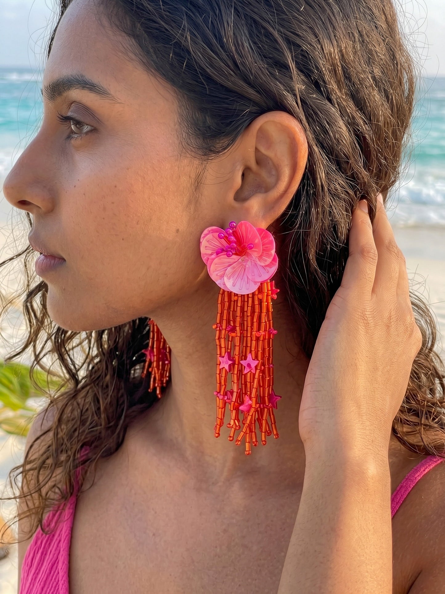 Sunset Pink Orange Star Flower Handmade Beaded Earrings