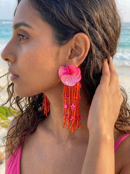 Sunset Pink Orange Star Flower Handmade Beaded Earrings