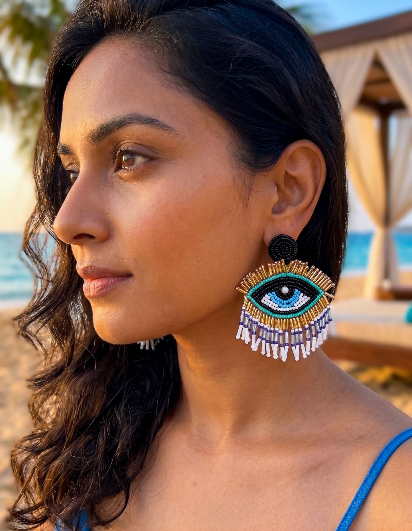 Blue Evil Eye Elegance Handmade Beaded Earrings