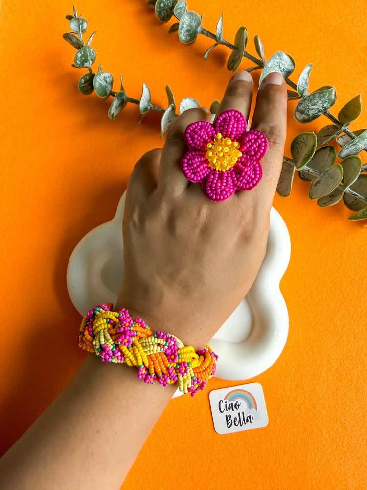 Luxe Flora Marigold Handmade Beaded Bracelet + Ring Combo