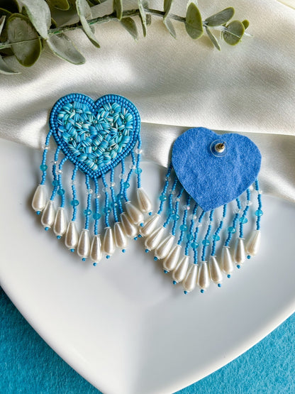 Aqua Blue Heart Drop Handmade Beaded Tassel Earrings