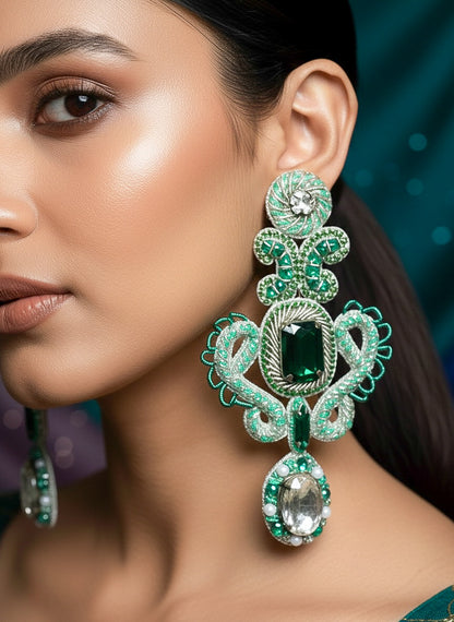 Aashna Silver Green Handmade Beaded Statement Earrings