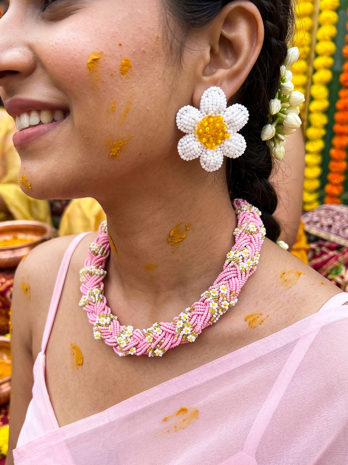 Luxe Flora Pink Handmade Beaded Necklace + Earrings Set