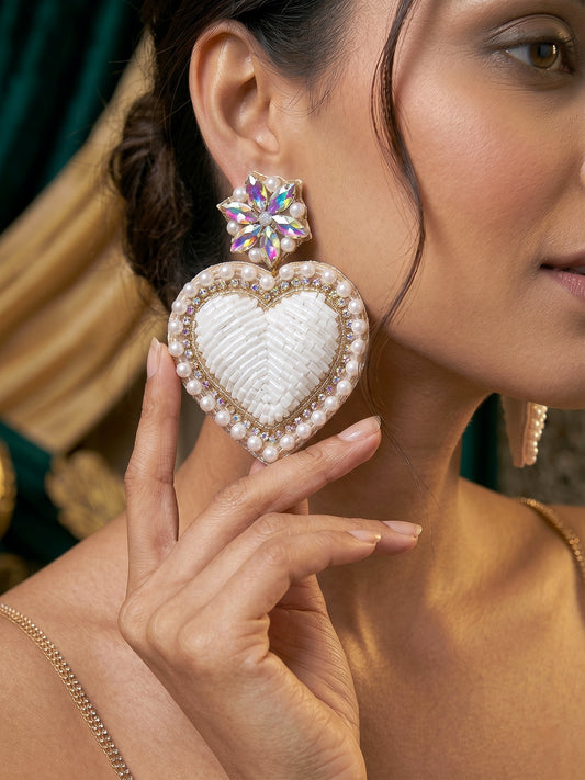 Ishqiya White Heart Drop Handmade Beaded Earrings