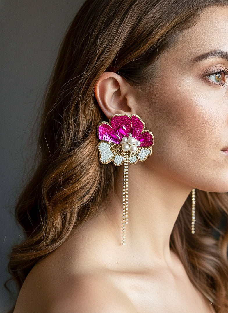 Floral Fiesta Pink Handmade Beaded Flower Earrings