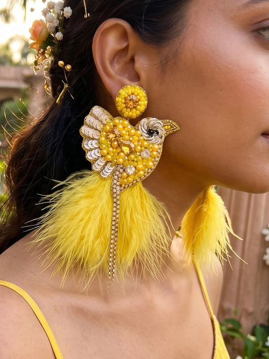 Glamorous Yellow Birdies Handmade Beaded Bird Earrings
