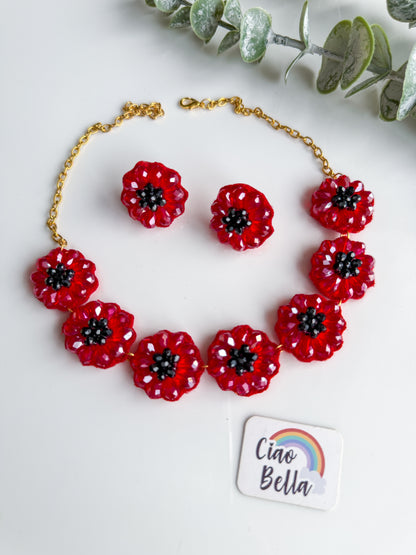 Sparkling Red Daisy Handmade Beaded Necklace + Earrings Set