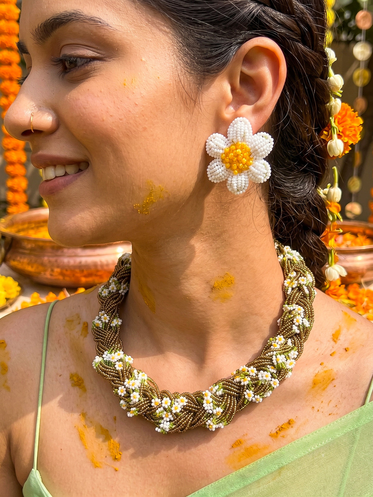 Luxe Flora Antique Brown Gold Handmade Beaded Necklace + Earrings Set