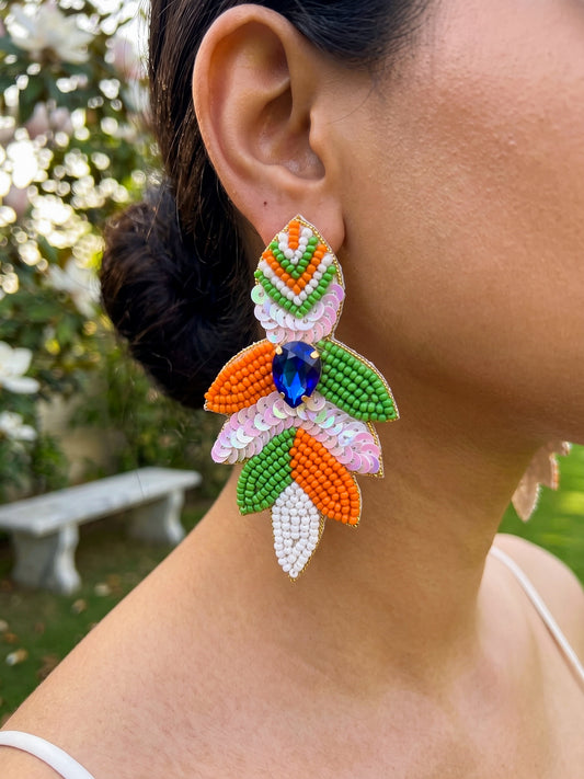 Tiranga Leaf Handmade Tricolour Beaded Earrings