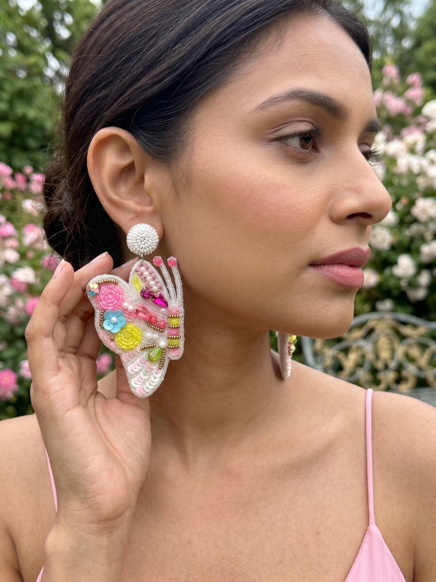 Kaleido Wings White Handmade Beaded Butterfly Earrings