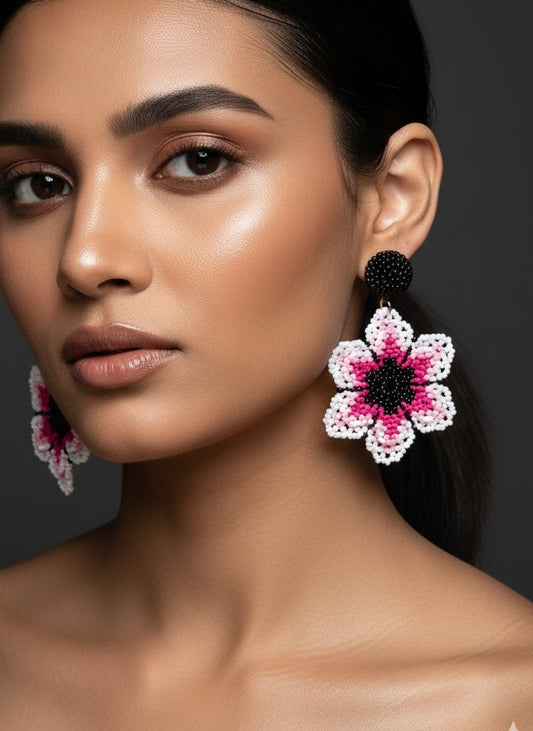Blossoming Pink Flower Handmade Beaded Earrings