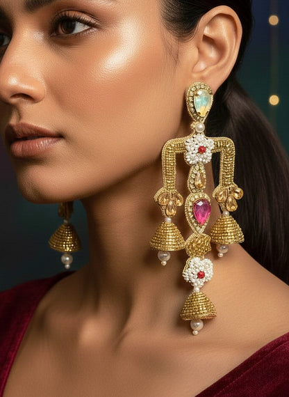 Rajwada Yellow Pink Danglers Handmade Beaded Statement Earrings