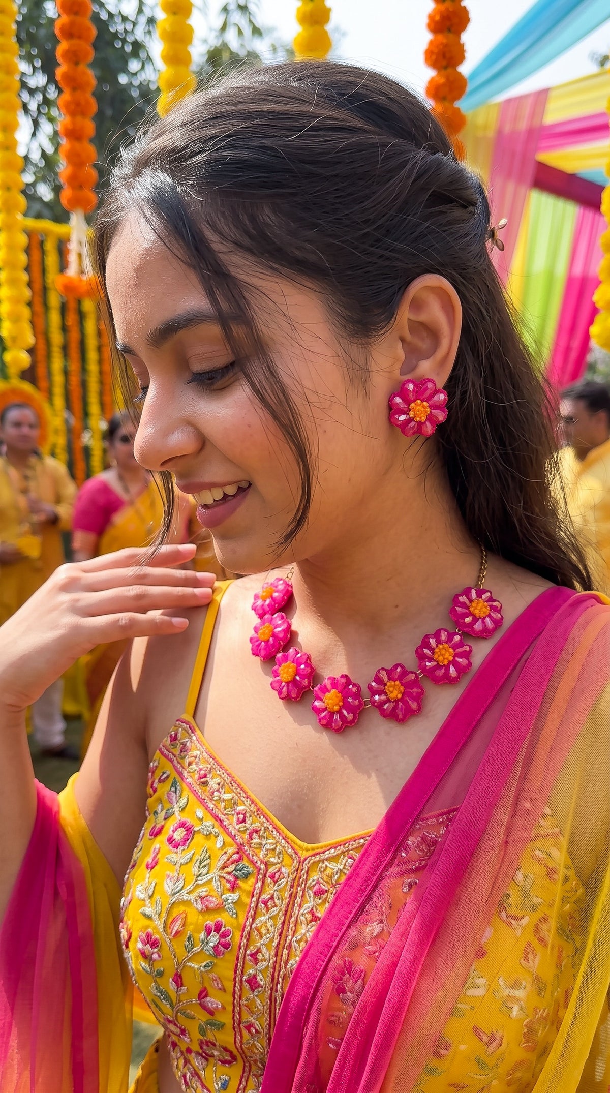 Sparkling Hot Pink Daisy Flower Handmade Beaded Necklace + Earrings Set