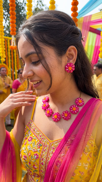 Sparkling Hot Pink Daisy Flower Handmade Beaded Necklace + Earrings Set