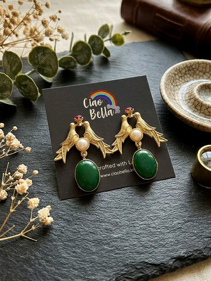Love Birds Forest Green Monalisa Stone Handmade Brass Earrings