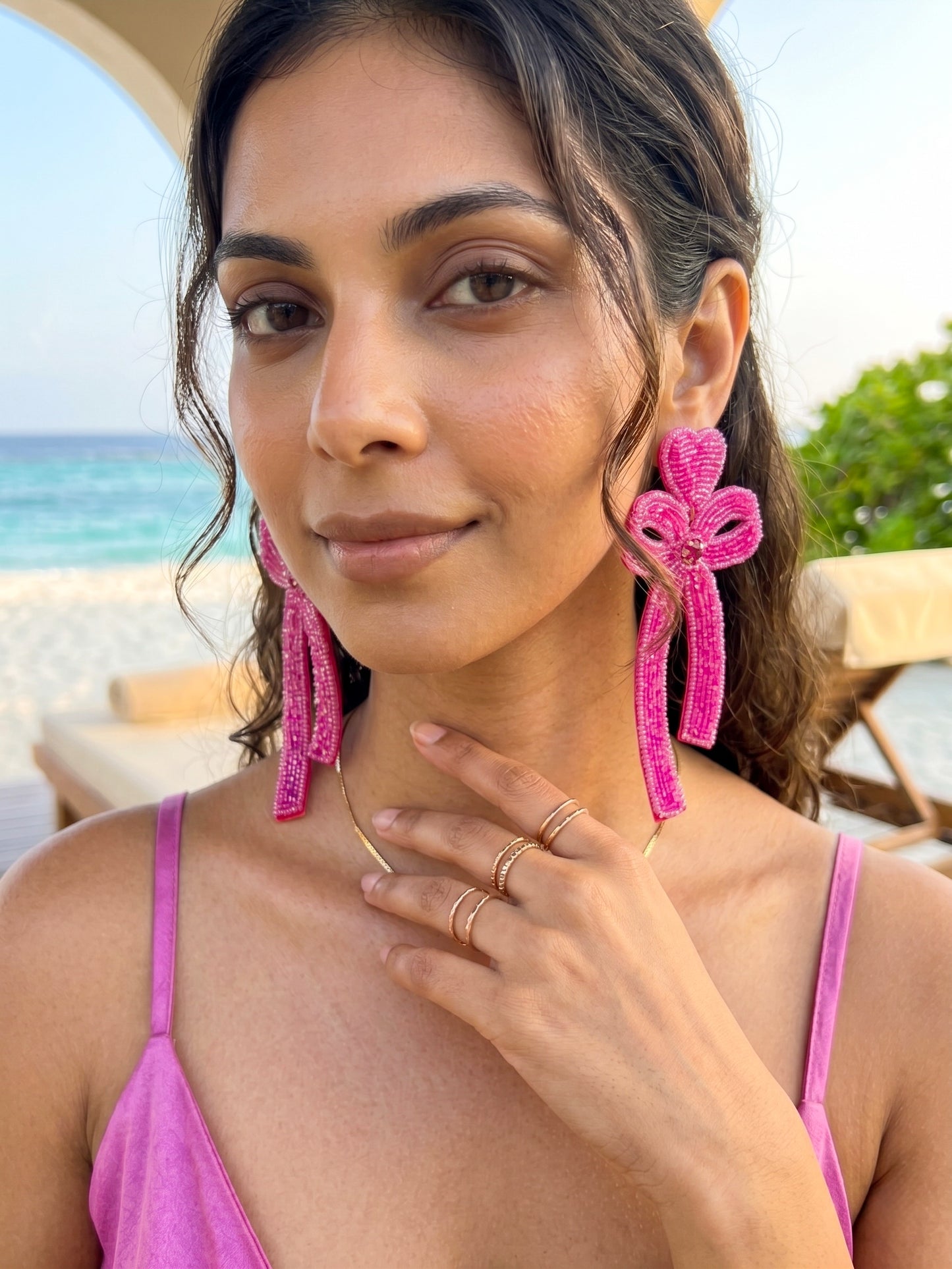 Glam Bow (Pink) Handmade Beaded Earrings