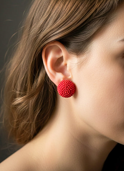 Cherry Red Round Handmade Beaded Stud Earrings