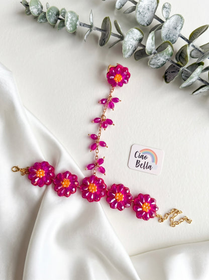 Sparkling Hot Pink Daisy Flower Handmade Beaded Hathphool (Single Hand)